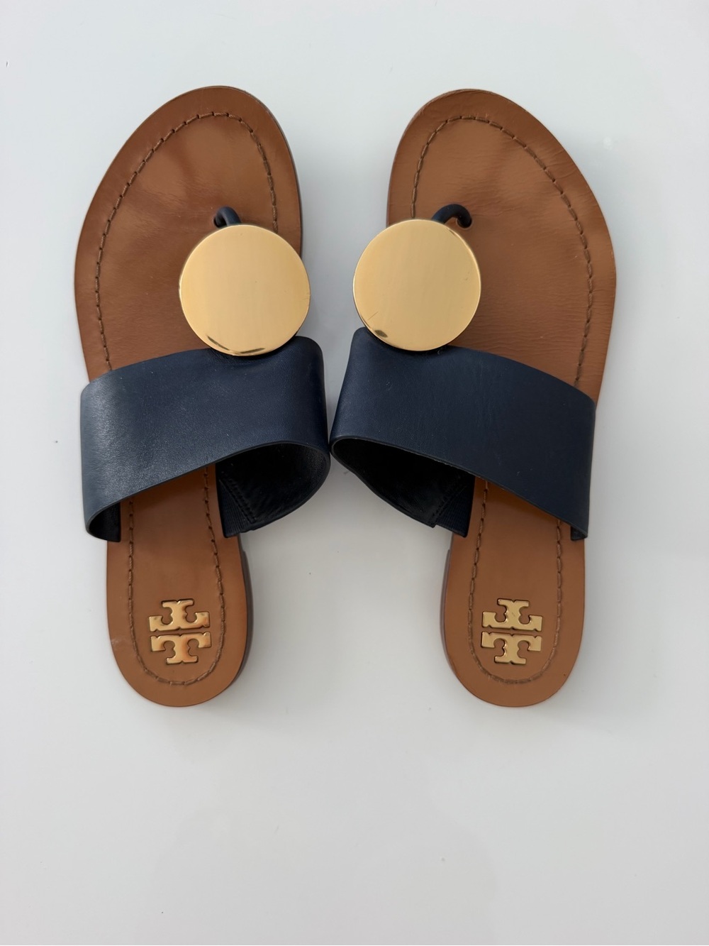 Tory Burch Patos Disk Sandals Navy Gold Leather Size 7M